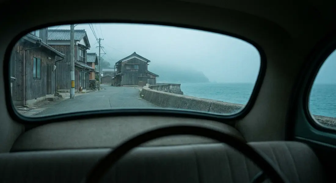 フロントガラス越しに見える海と静かな道
