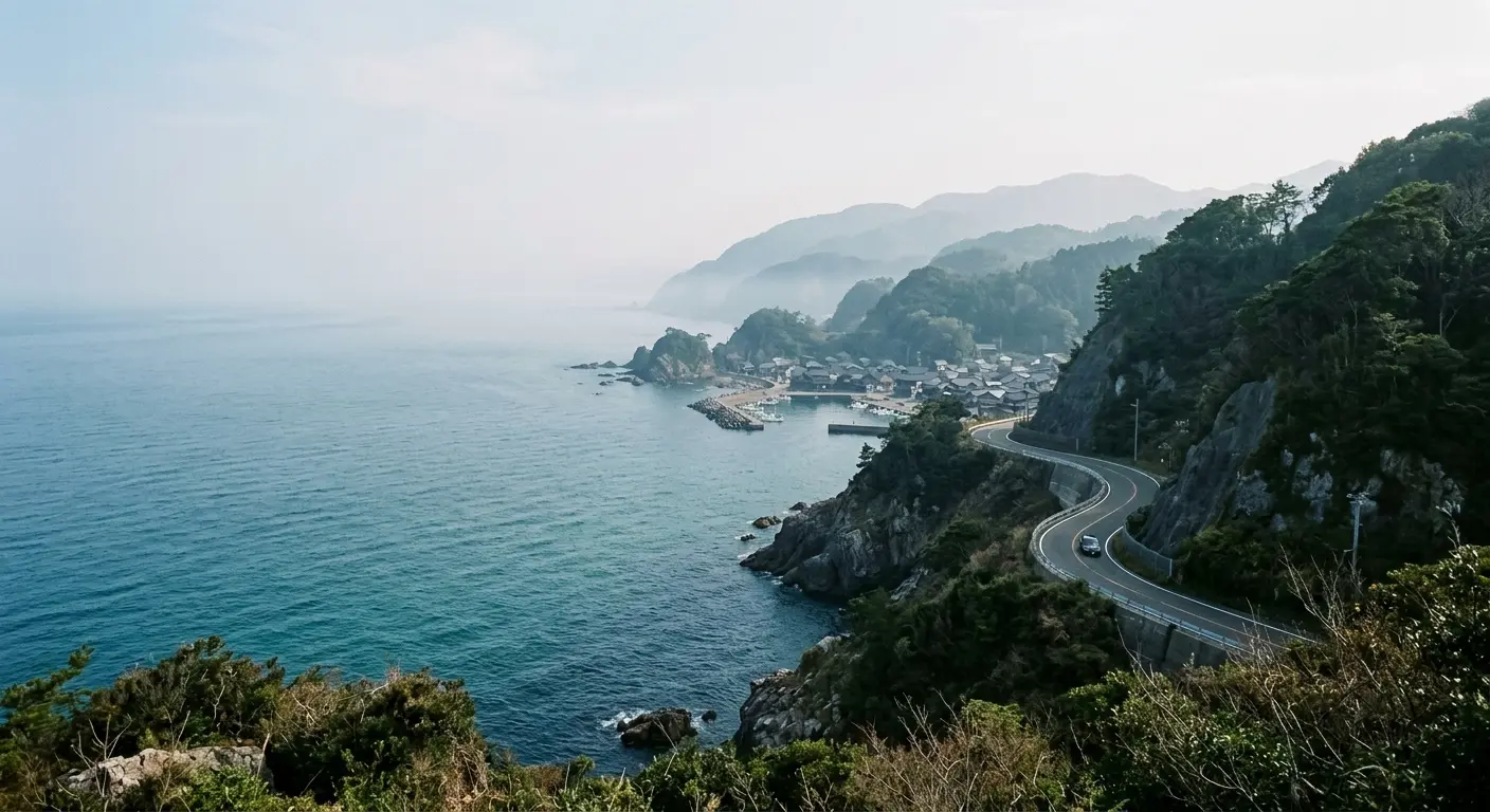 遠くから見た海沿いの崖の道